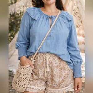 2X Light Blue Chambray Peasant Blouse | Women’s 100% Cotton | Old Navy